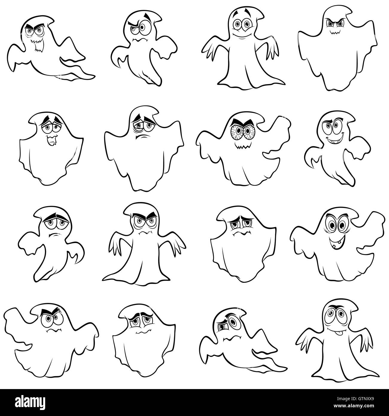 Collection of sixteen amusing ghost outline with various characters isolated on a white background, cartoon Halloween vector ill Stock Vector