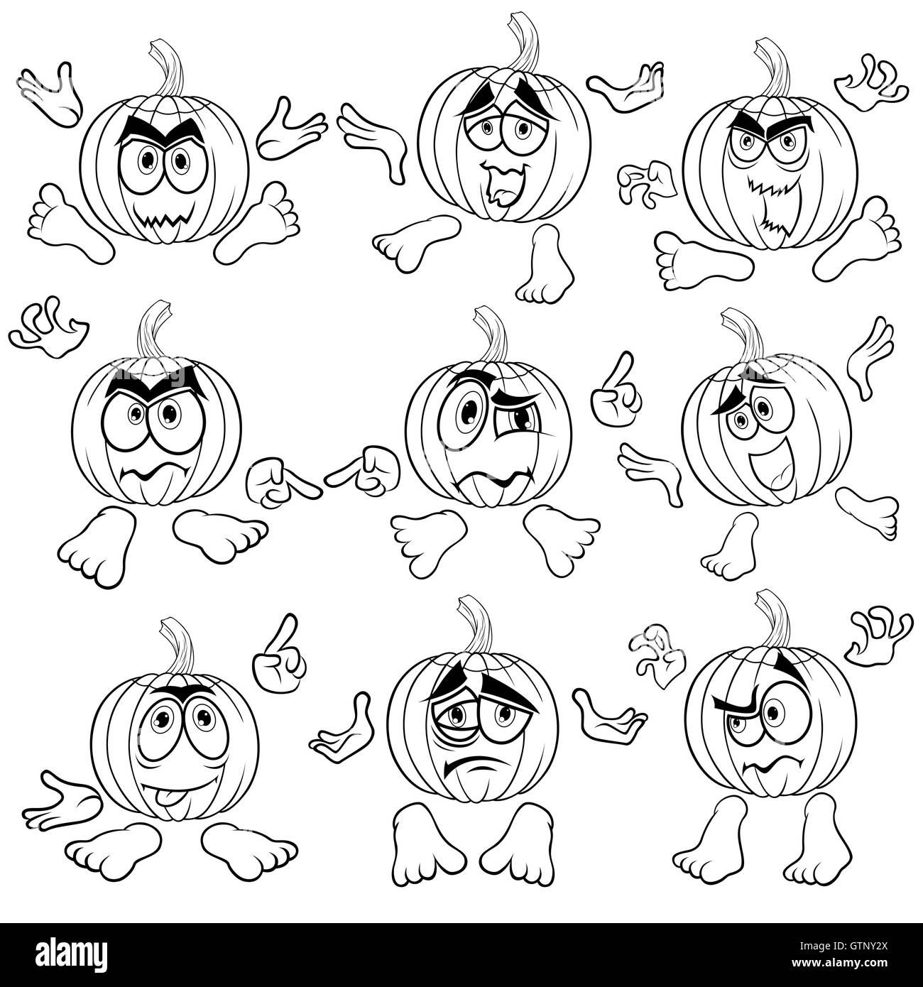 Set of nine funny Halloween pumpkins that gesticulate with hands  and feet isolated on the white background, cartoon vector outl Stock Vector