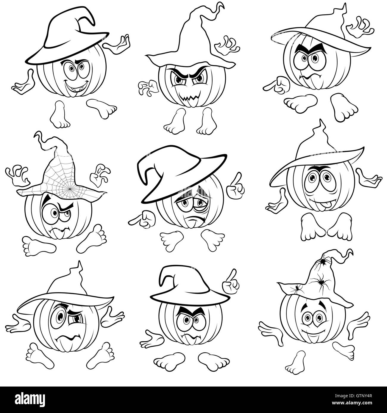 Set of nine Halloween pumpkins in hats that gesticulate with hands and feet isolated on the white background, cartoon vector out Stock Vector
