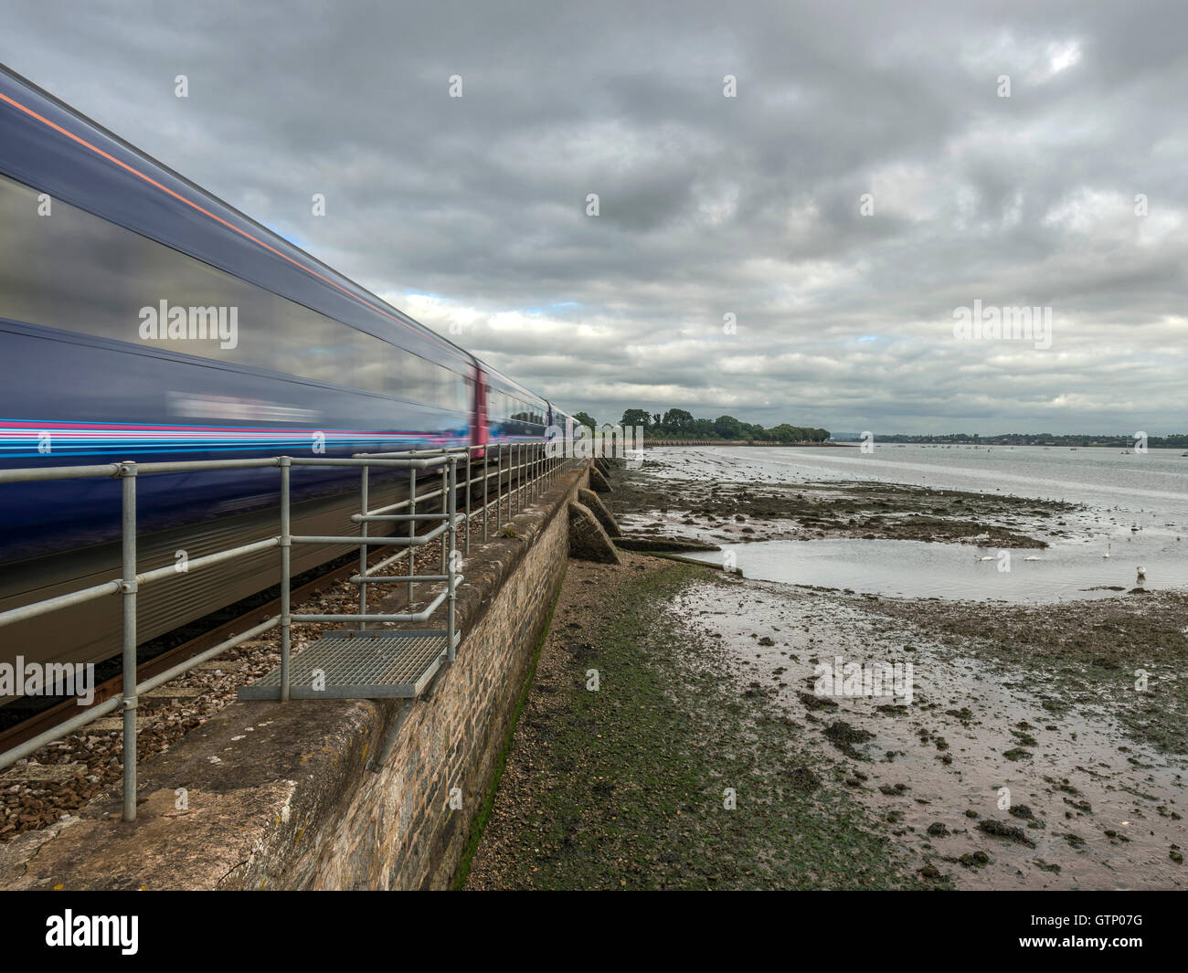 Landscape depicting picturesque First Great Western Riviera railway line along River Exe at Powderham, with passing train. Stock Photo
