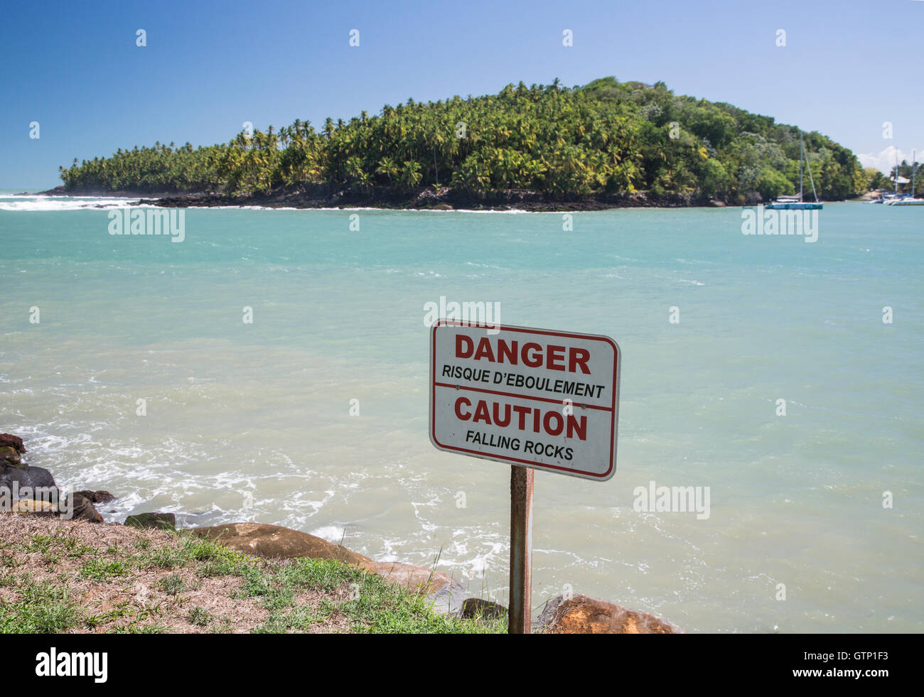 view of Devils Island from Isle Royale, French Guiana Stock Photo