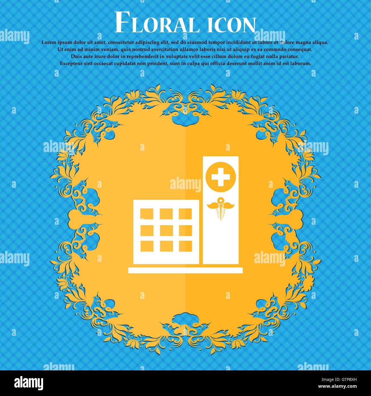 Hospital icon icon. Floral flat design on a blue abstract background with place for your text. Vector Stock Vector