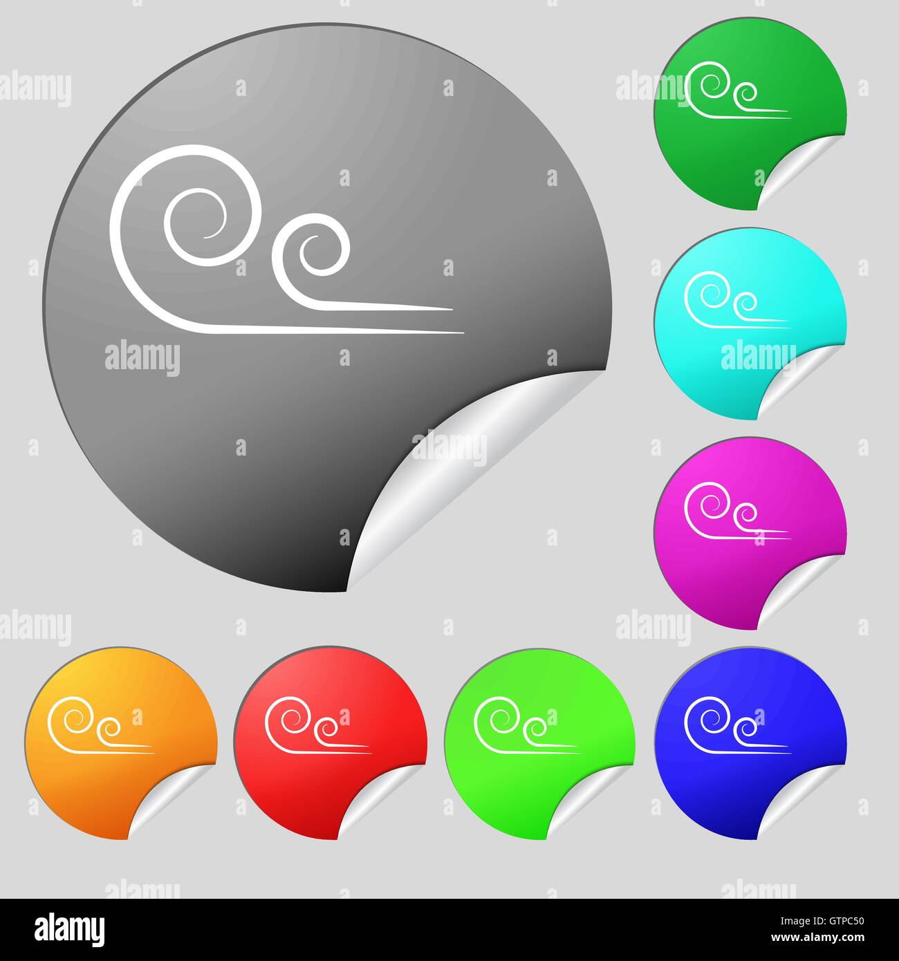 wind icon sign. Set of eight multi colored round buttons, stickers ...