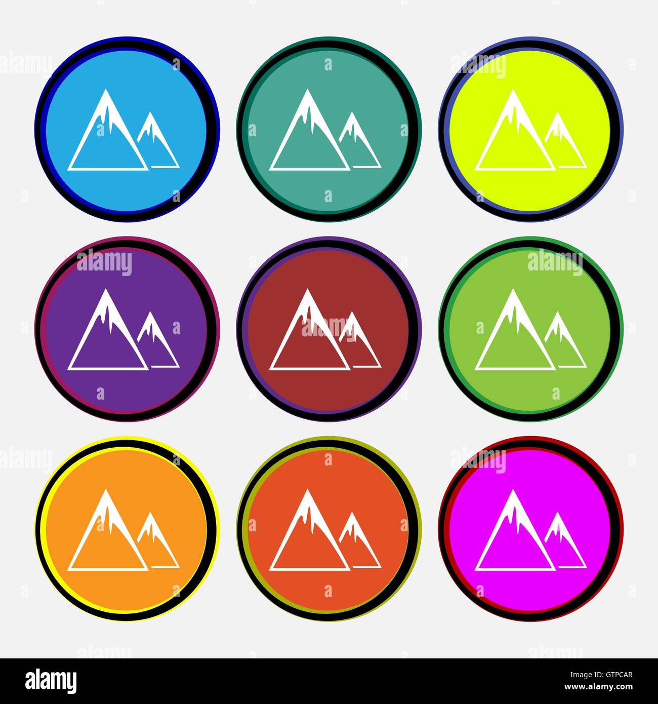 Mountain Icon sign. Nine multi colored round buttons. Vector Stock Vector