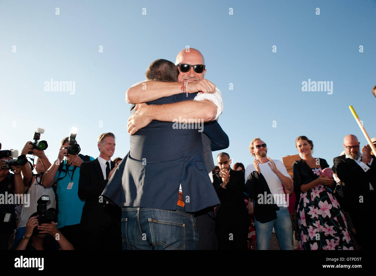 Ostend, Belgium. 09th Sep, 2016. Michael Pass hugs director Nic Balthazar in Ostend at the start of the film festival in Ostend. Credit:  Frederik Sadones/Pacific Press/Alamy Live News Stock Photo