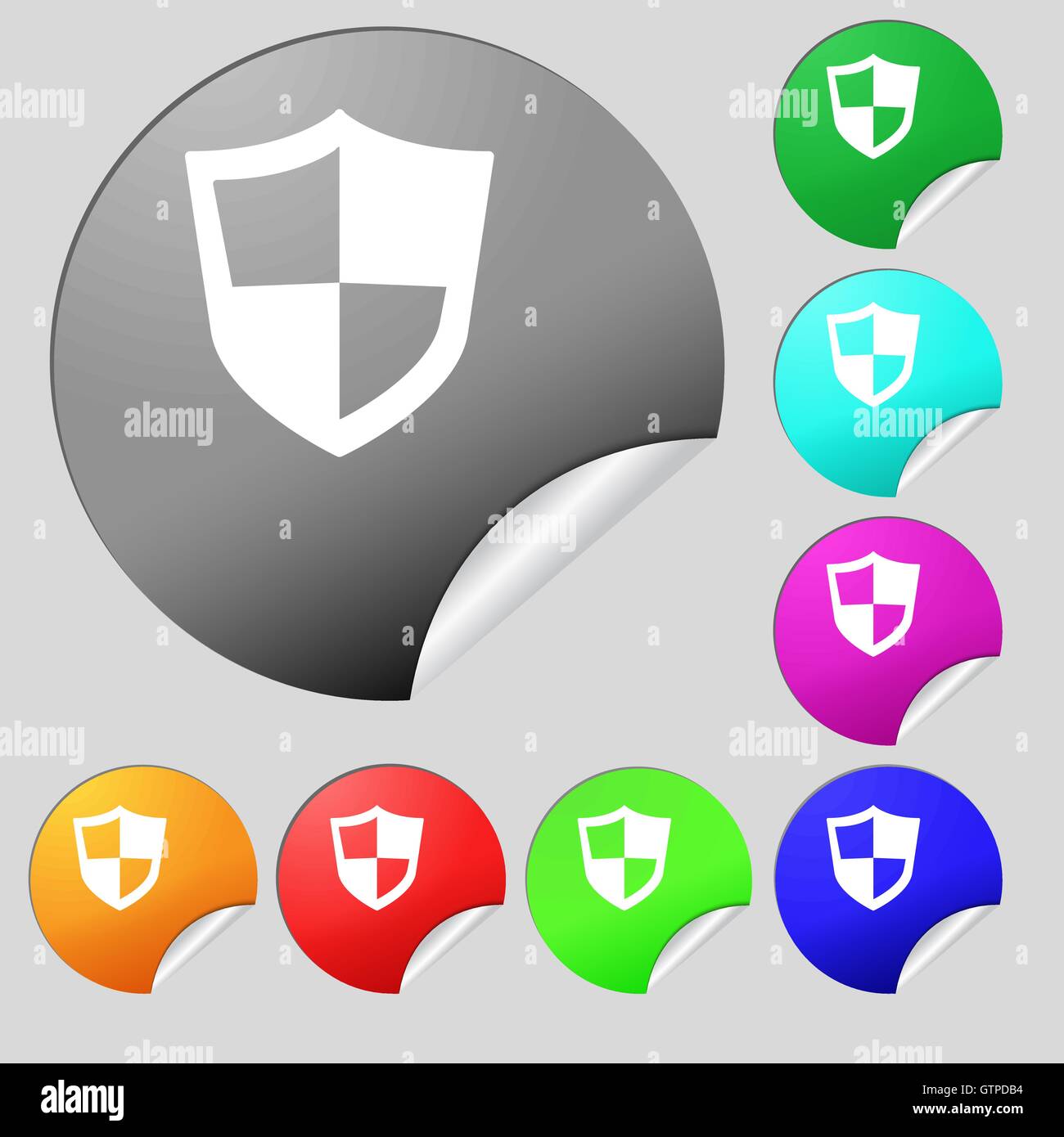 shield icon sign. Set of eight multi colored round buttons, stickers ...