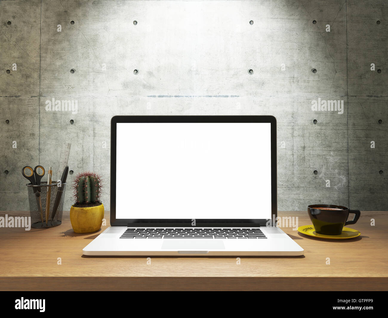 notebook and coffee together with white screen mock up template 3d render Stock Photo