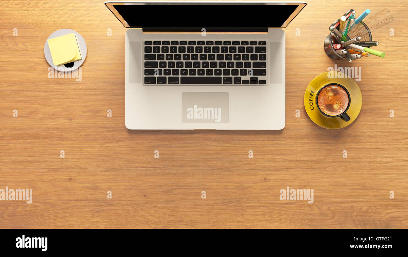 notebook and coffee together with pencil box and post it mock up template top view 3d render Stock Photo