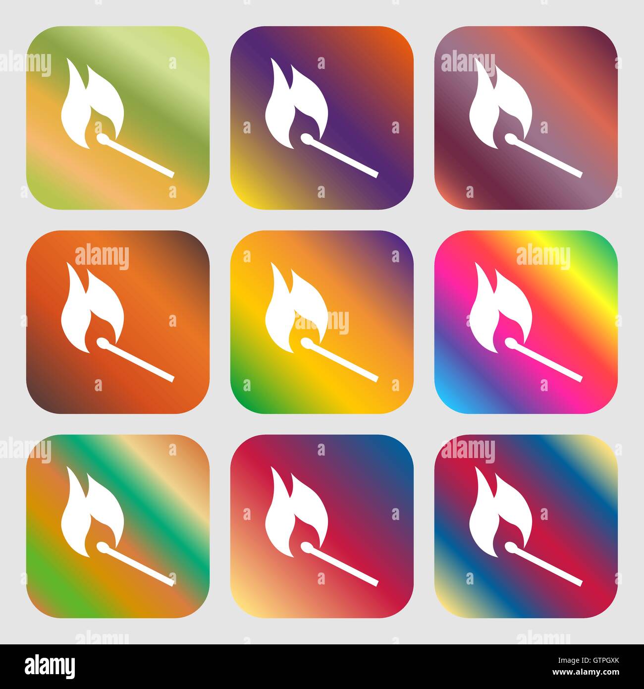 burning match icon . Nine buttons with bright gradients for beautiful ...