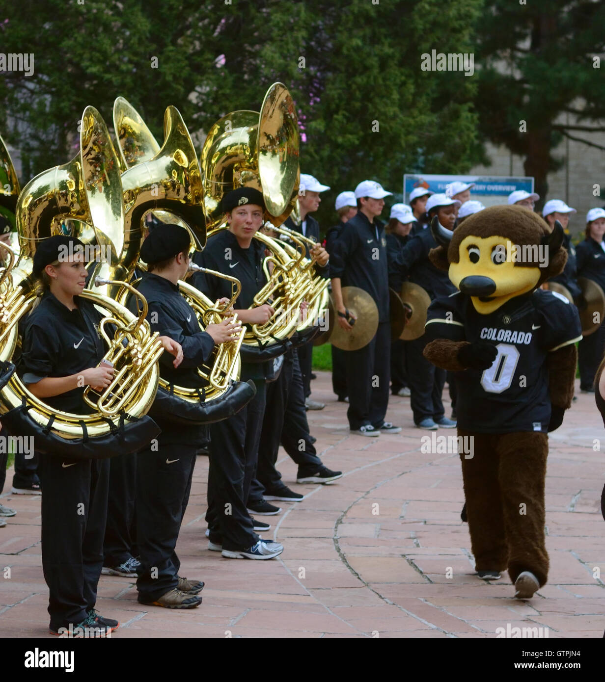 Musicians from the University of Colorado Marching Band and "Chip Stock