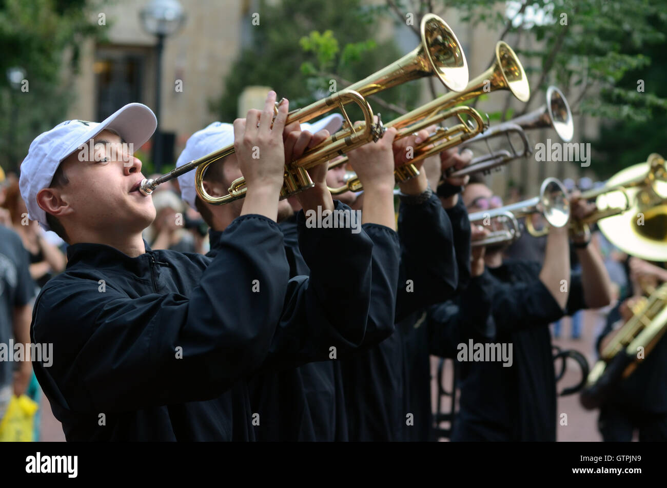 Musicians from the University of Colorado Marching Band, trumpets Stock