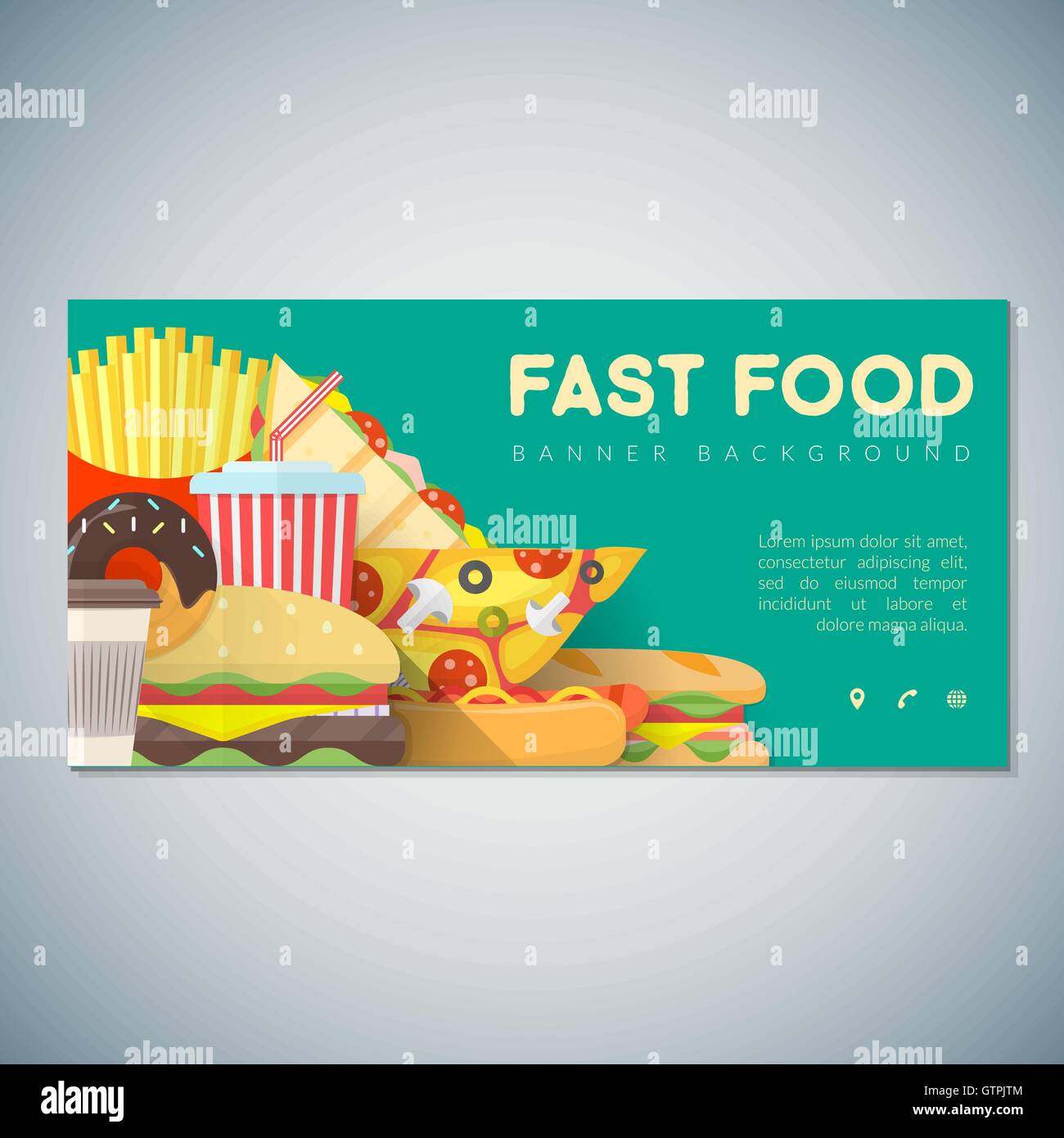 vector colorful flat design various fast food illustration green isolated background deco banner template Stock Vector