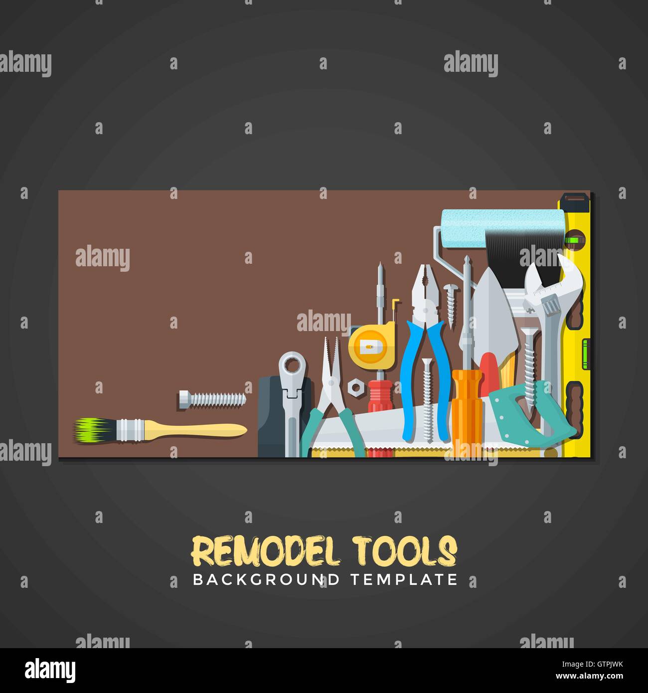 vector colourful flat design various house remodel construction tools isolated brown background banner templates Stock Vector