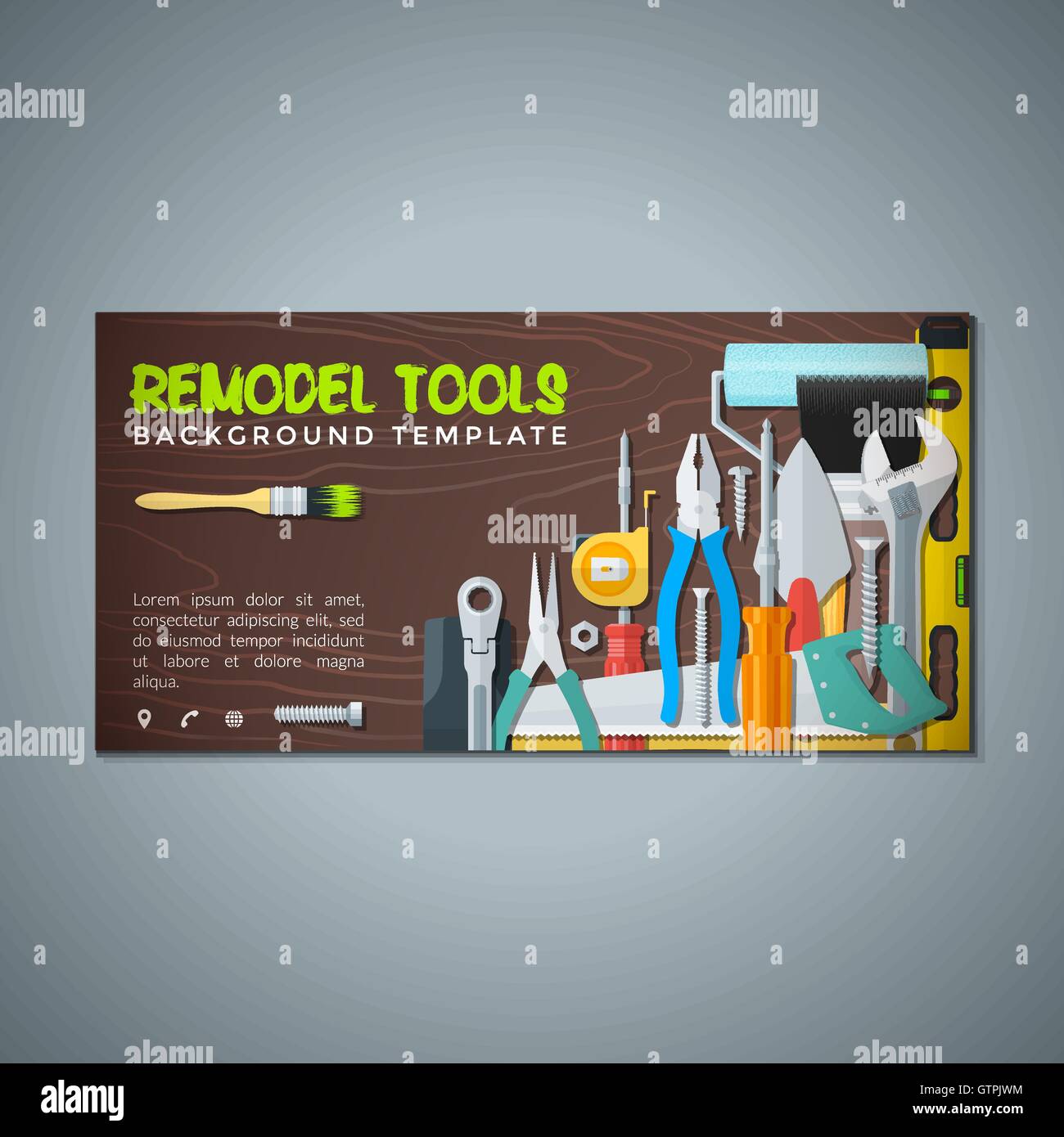 vector colourful flat design various house remodel construction tools isolated wood textured background banner templates Stock Vector