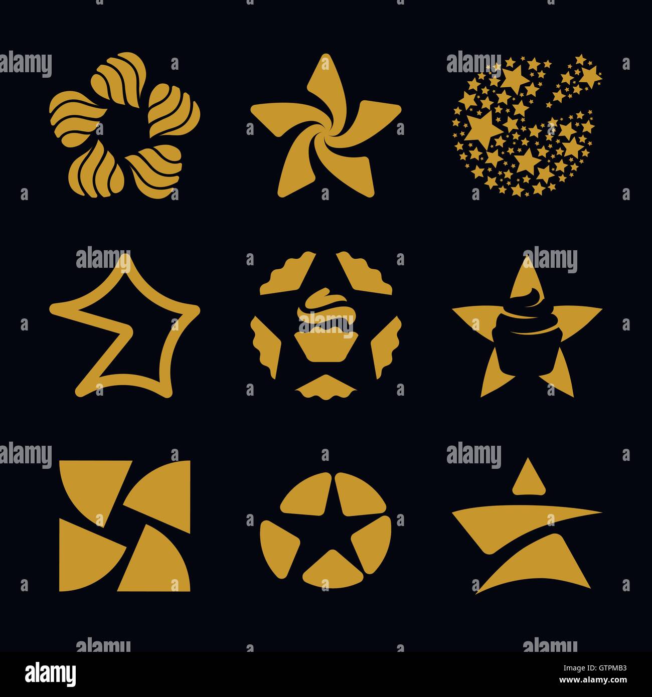 Isolated golden stars vector logo set. Space elements logotypes collection. Stock Vector