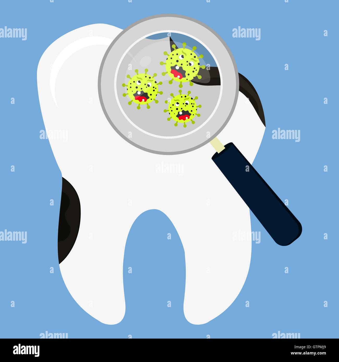 Rotten tooth decay enlarged by a magnifying glass. Cartoon microorganisms. Stock Vector