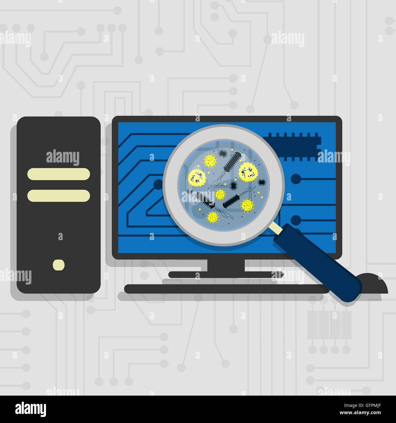 Analyzing the hardware and the electronic circuit of the pc with a magnifying glass.Viewing virus and bacteria magnified. Stock Vector