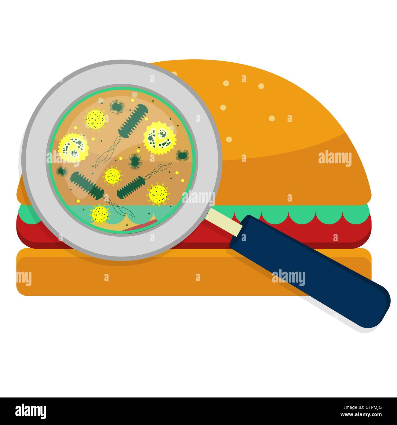 Magnifying glass showing bacteria on hamburguer. White background Stock ...