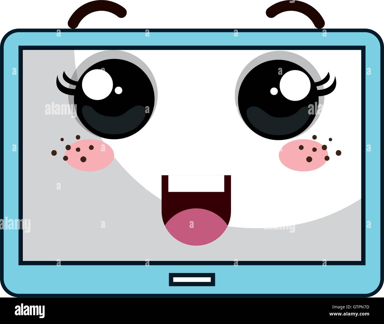 Poster Kawaii gadgets social network background. Doodles with pretty facial  expression. Illustration of phone, tablet, globe, camera, laptop,  headphones and other 
