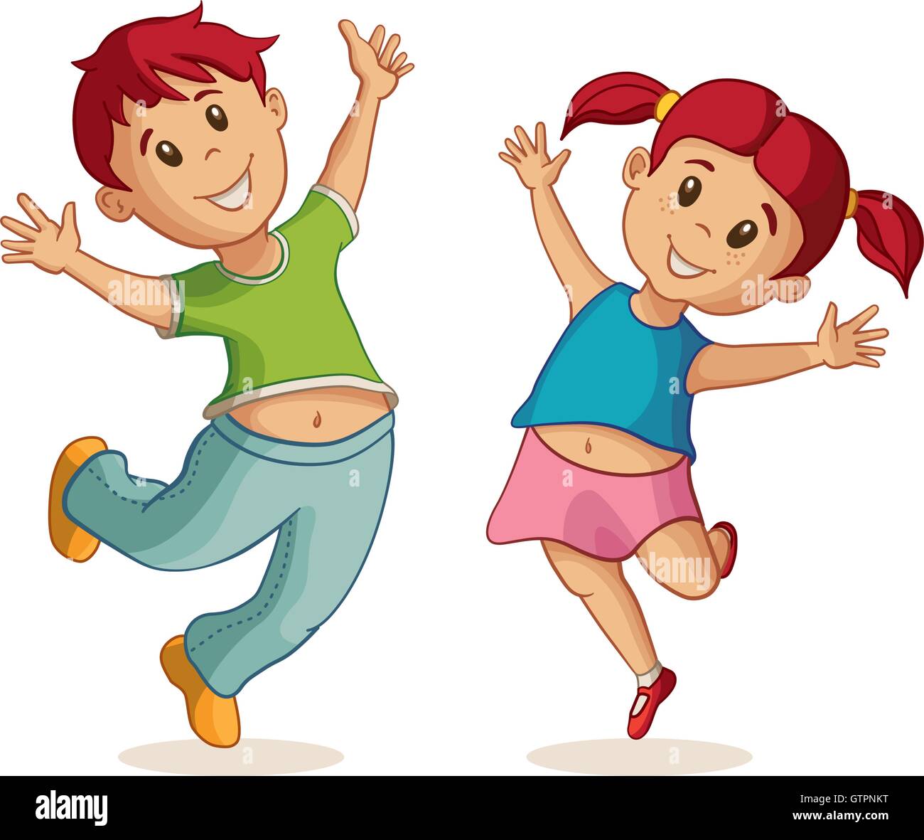 Little happy boy and girl jumping. Vector illustration. Friendship Stock Vector