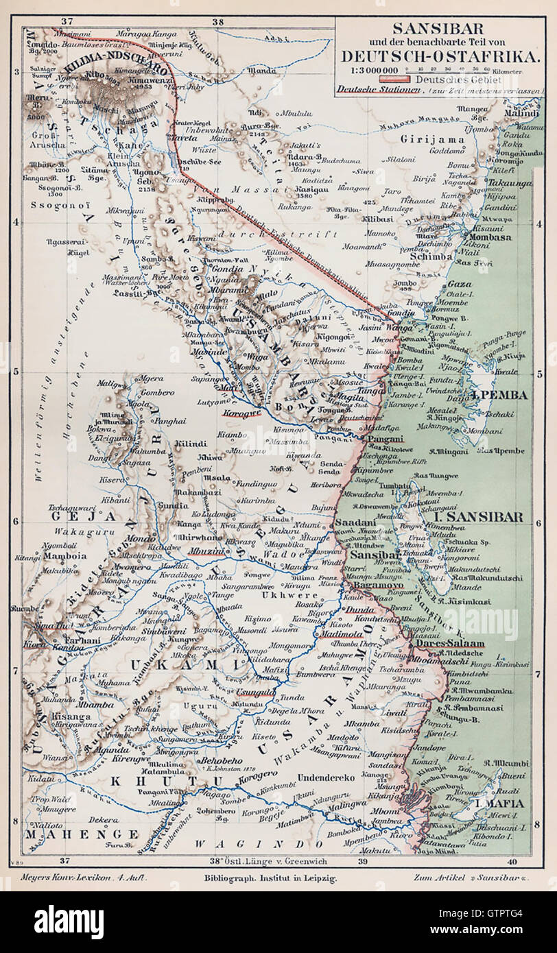 GERMAN EAST AFRICA WITH ZANZIBAR Map about 1890 Stock Photo