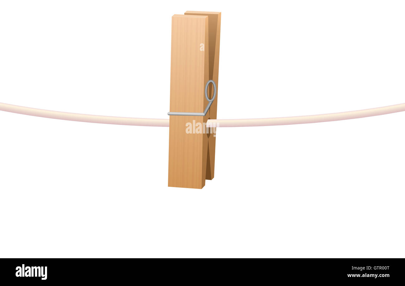 Clothespin on clothesline - one wooden item. Illustration on white background. Stock Photo