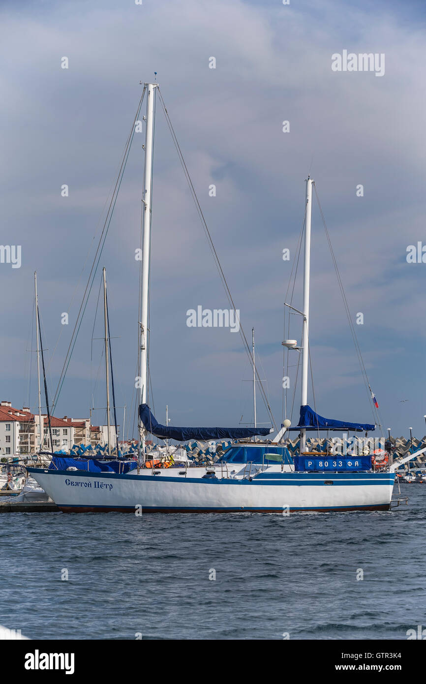 Harbor with boats at the pier, Sochi, Russia. Stock Photo