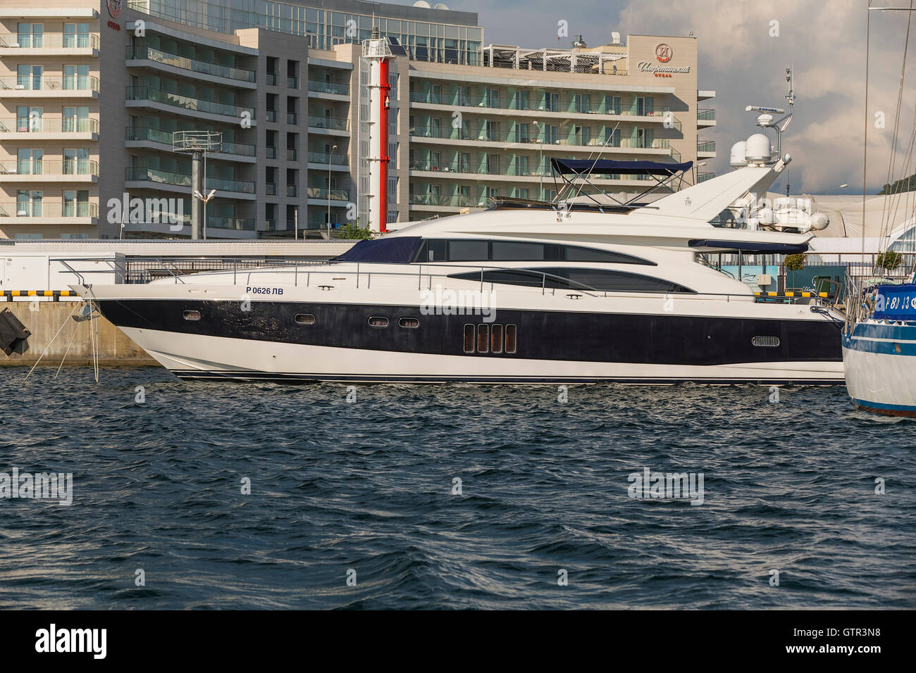 Harbor with boats at the pier, Sochi, Russia. Stock Photo