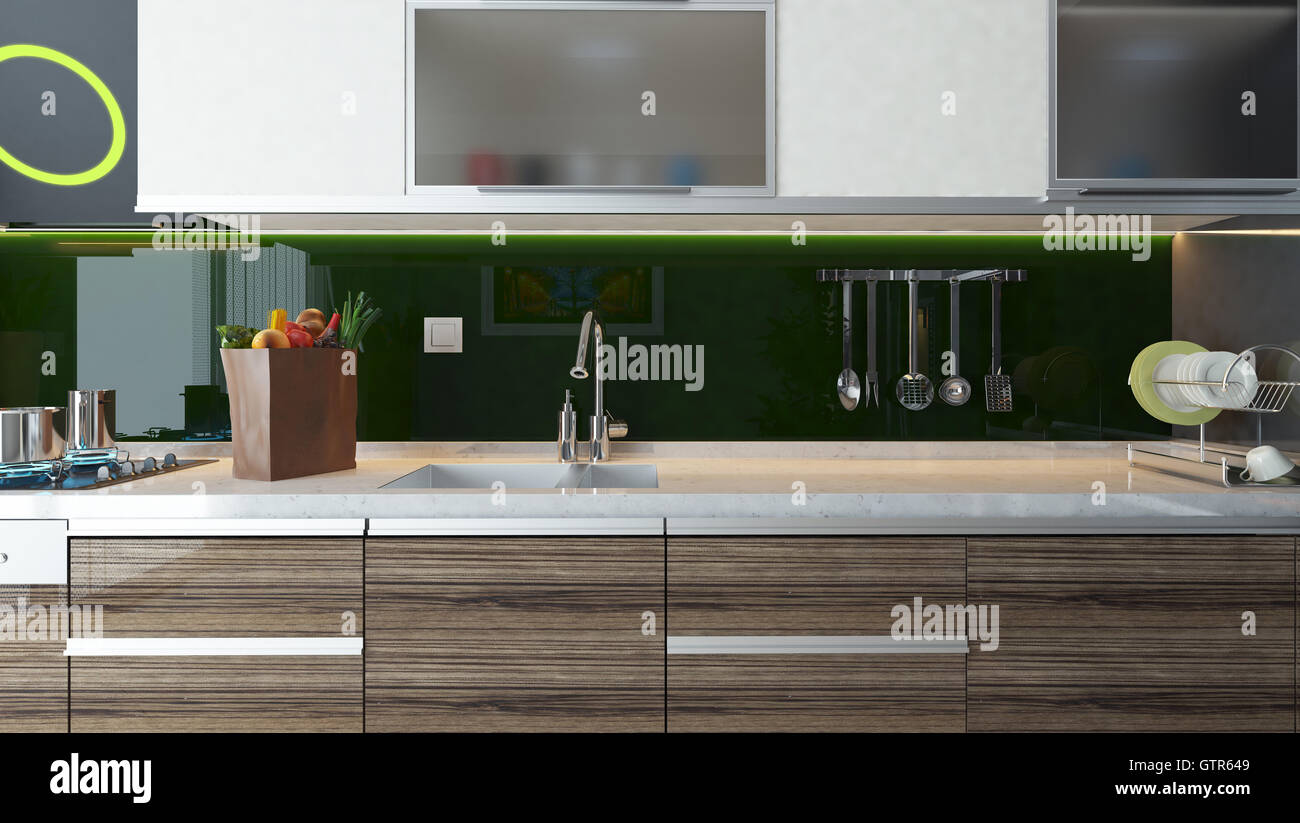 green acrylic modern kitchen design  interior background for montage your product. Stock Photo