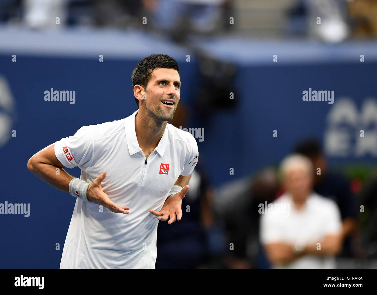 New York, USA. 9th Sep, 2016. Novak Djokovic of Serbia celebrates his victory over Gael Monfils of France during men's singles semi-final match at the 2016 U.S. Open in New York, the United States, Sept. 9, 2016. Djokovic won 3-1. Credit:  Yin Bogu/Xinhua/Alamy Live News Stock Photo