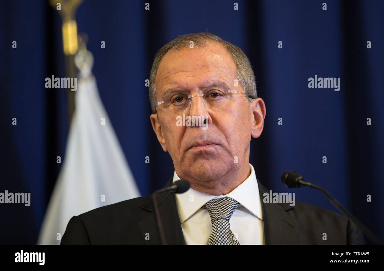 Geneva, Switzerland. 9th Sep, 2016. Russian Foreign Minister Sergey Lavrov attends a joint press conference in Geneva, Switzerland, Sept. 9, 2016. U.S. Secretary of State John Kerry and Russian Foreign Minister Sergey Lavrov reached on Saturday a landmark agreement which would see both countries greatly enhance cooperation in a bid to end the five-year-old Syrian conflict. Credit:  Xu Jinquan/Xinhua/Alamy Live News Stock Photo