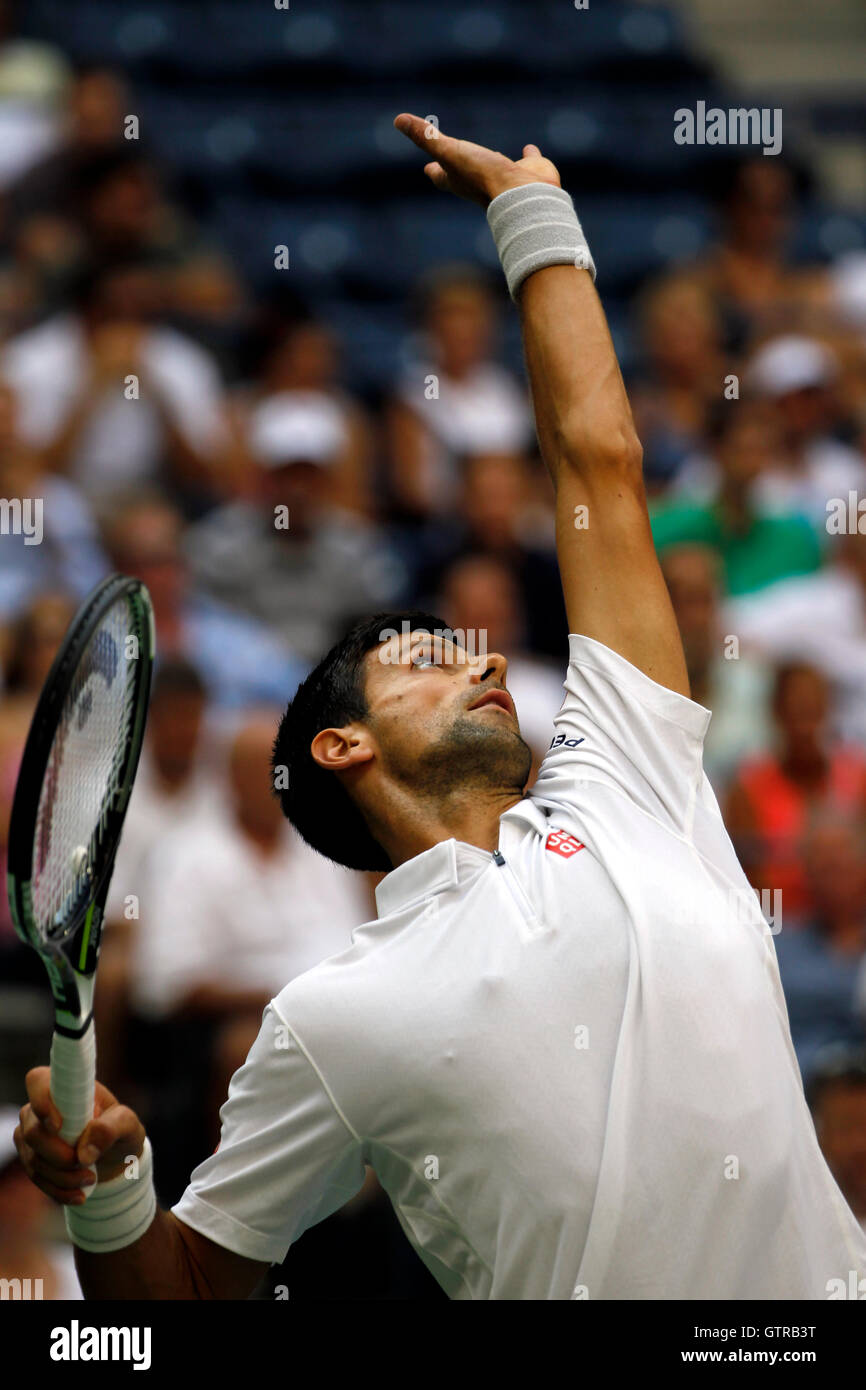 New York, United States. 09th Sep, 2016. Novak Djokovic serving during his semi final match against Gael Monfils of France at the United States Open Tennis Championships at Flushing Meadows, New York on Friday, September 9th. Djokovic won the match in four sets to advance to the final Credit: © Adam Stoltman/Alamy Live News  Stock Photo