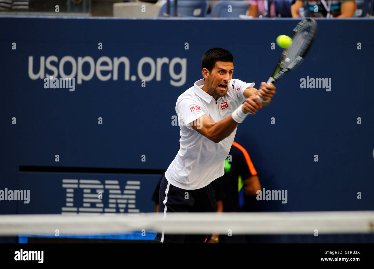 New York, United States. 09th Sep, 2016. Novak Djokovic during his semi final match against Gael Monfils of France at the United States Open Tennis Championships at Flushing Meadows, New York on Friday, September 9th. Djokovic won the match in four sets to advance to the final Credit: © Adam Stoltman/Alamy Live News  Stock Photo