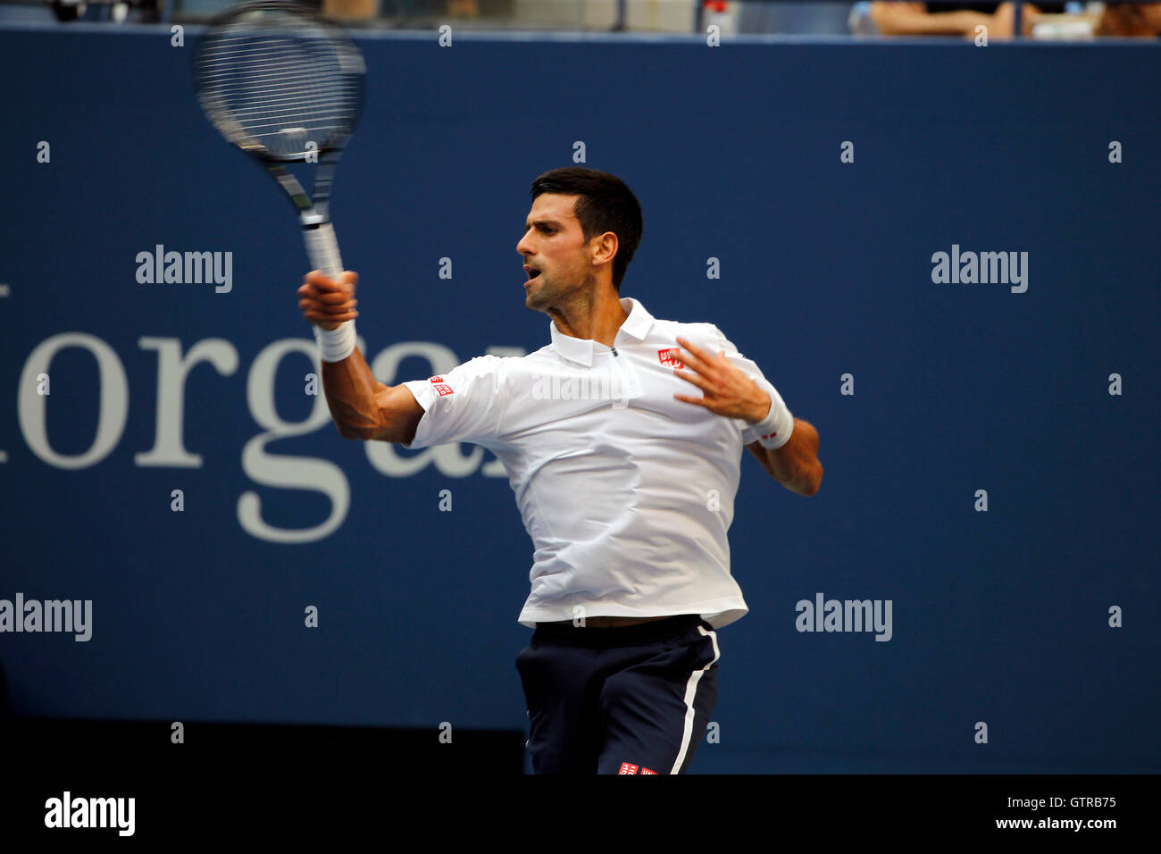 New York, United States. 09th Sep, 2016. Novak Djokovic during his semi final match against Gael Monfils of France at the United States Open Tennis Championships at Flushing Meadows, New York on Friday, September 9th. Djokovic won the match in four sets to advance to the final Credit: © Adam Stoltman/Alamy Live News Stock Photo