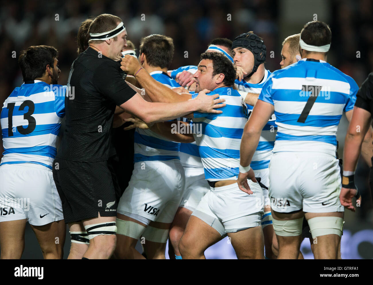 Hamilton, New Zealand. 10th Sep, 2016. The Rugby Championship, New Zealand  All Blacks versus Argentina Pumas. Brodie Retallick and Pumas captain  Agustin Creevy involved in some scuffling early in the game, won