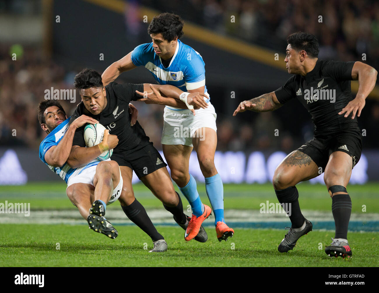 Hamilton, New Zealand. 10th Sep, 2016. The Rugby Championship, New Zealand  All Blacks versus Argentina Pumas. Julian Savea is well tackled with  Malakai Fekitoa watching on during the game, won by NZ