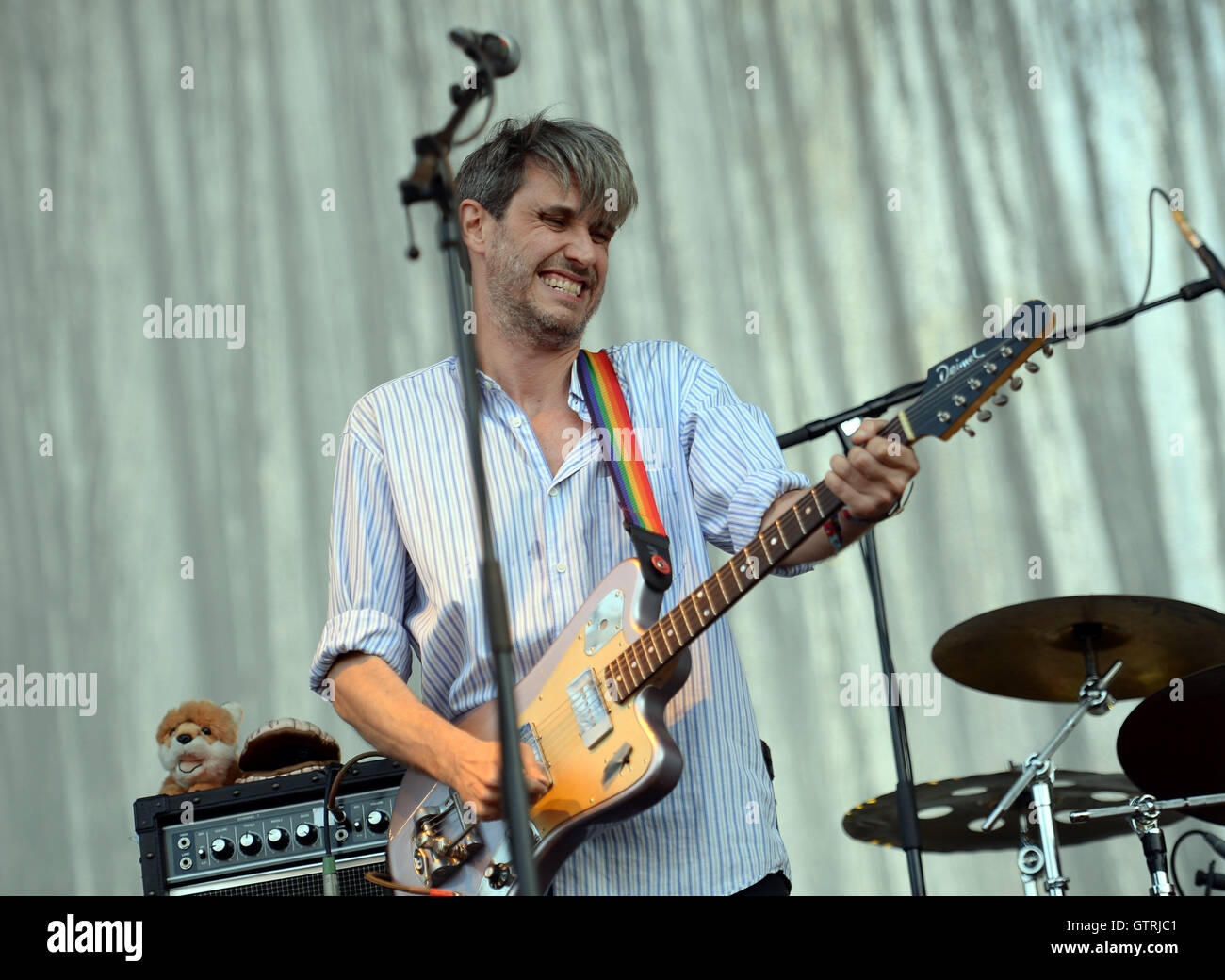 Berlin, Germany. 10th Sep, 2016. Singer Dirk von Lowtzow of the German band Tocotronic performs at the music festival Lollapalooza in Berlin, Germany, 10 September 2016. PHOTO: BRITTA PEDERSEN/dpa/Alamy Live News Stock Photo