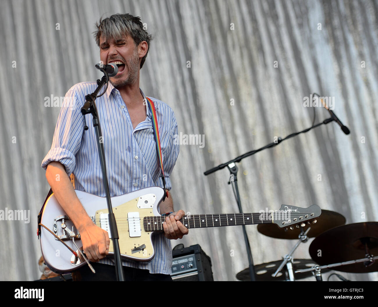 Berlin, Germany. 10th Sep, 2016. Singer Dirk von Lowtzow of the German band Tocotronic performs at the music festival Lollapalooza in Berlin, Germany, 10 September 2016. PHOTO: BRITTA PEDERSEN/dpa/Alamy Live News Stock Photo