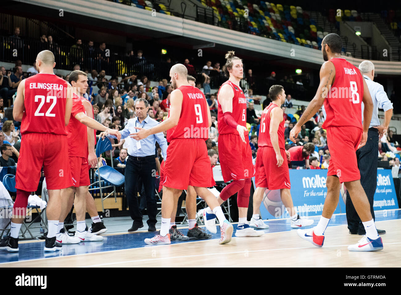 London, UK, 10 September 2016. GB men vs Hungary. Hungary's Janos Eilingsfeld (22), David Vojvoda (09), Akos (Keller (06) and Adam Hanga (08) take a time out.  Credit: pmgimaging/Alamy Live News Stock Photo