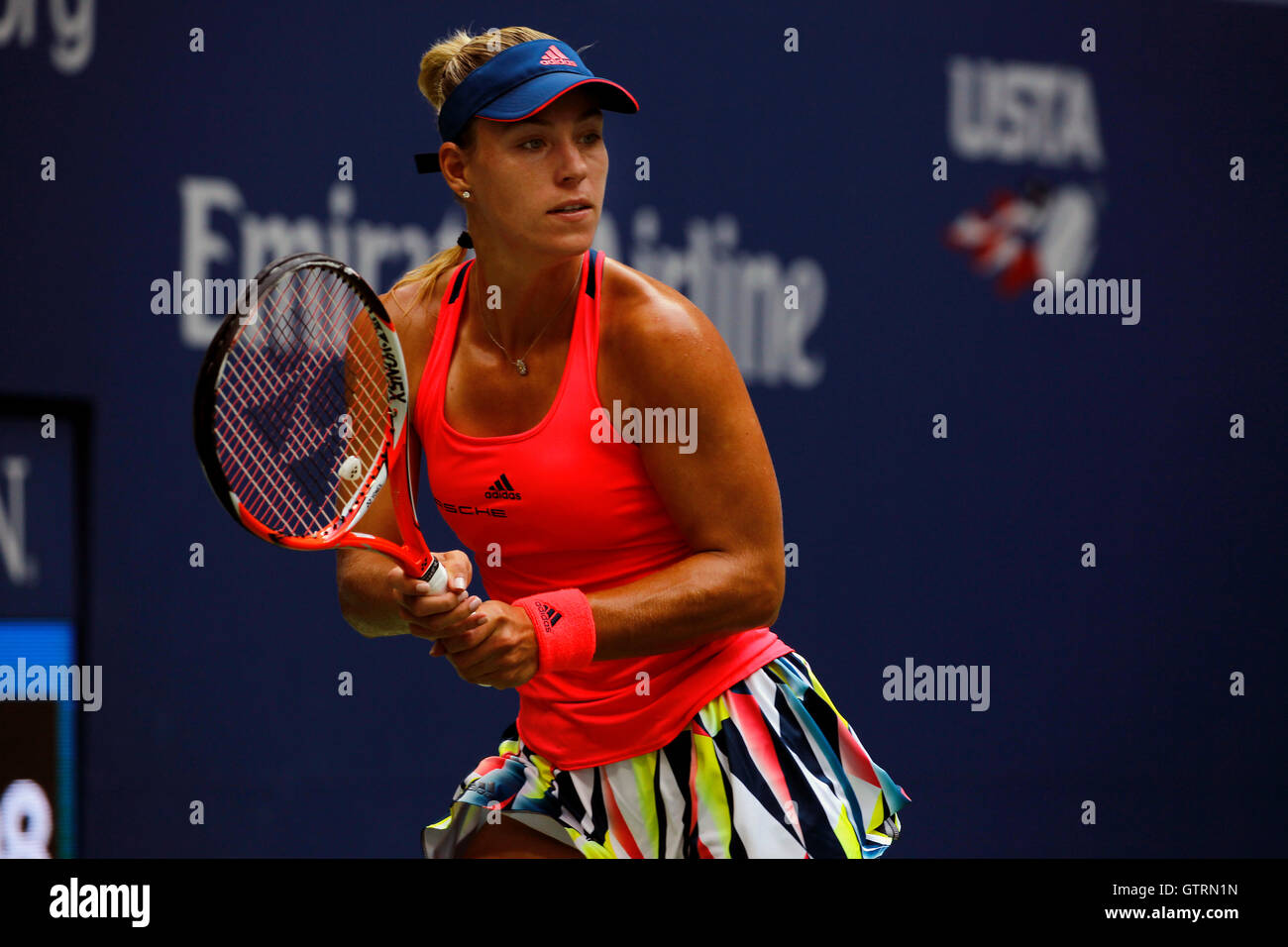 New York, USA. 10th September, 2016. Number 2 seed, Angelique Kerber of Germany in action against Karolina Pliskova of the Czech Republic during the finals of the United States Open Tennis Championships at Flushing Meadows, New York on Saturday, September 10th.  Kerber won the match and her first U.S. Open title in three sets Credit:  Adam Stoltman/Alamy Live News Stock Photo