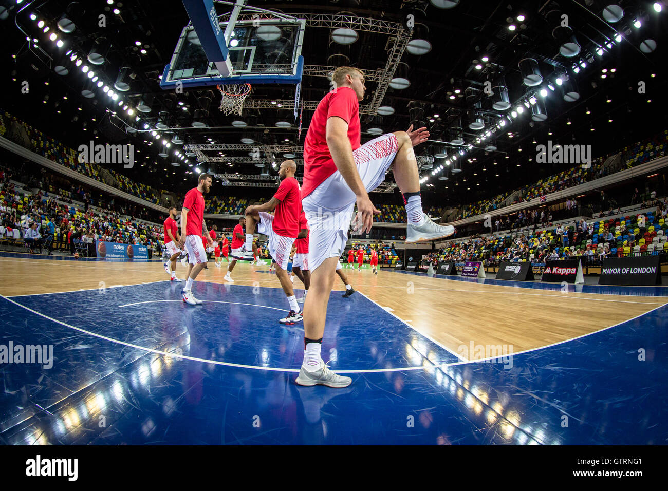 London, UK. 10th. September, 2016.  Team GB warm up before the match. Team GB play Hungary in Eurobasket 2017 qualifiers at Copper Box, Olympic Park, London, UK. copyright Carol Moir/Alamy Live News. Stock Photo