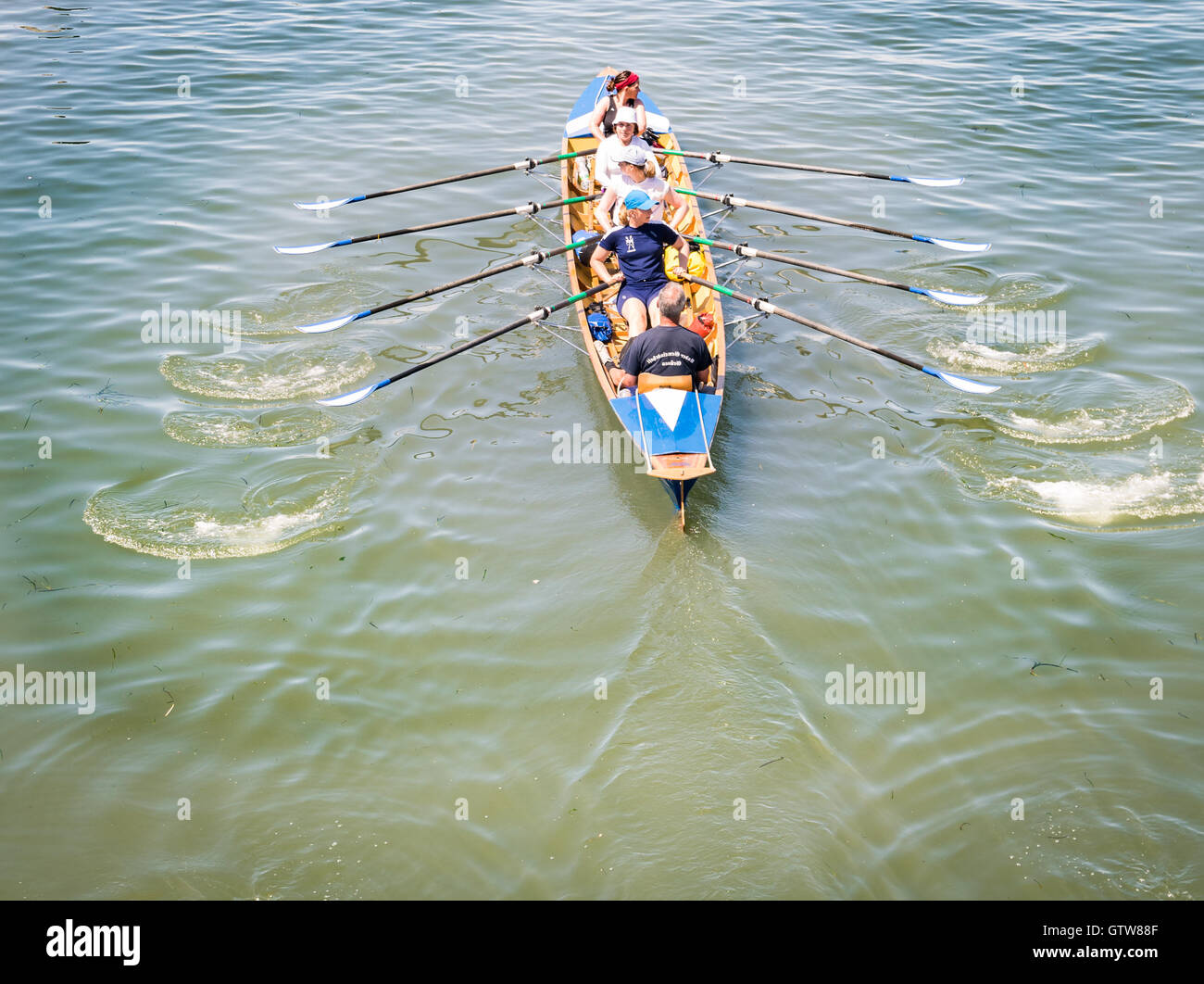 Venice, Italy - May 20, 2016: Female crew is training on a rowing boat in Venice. Stock Photo