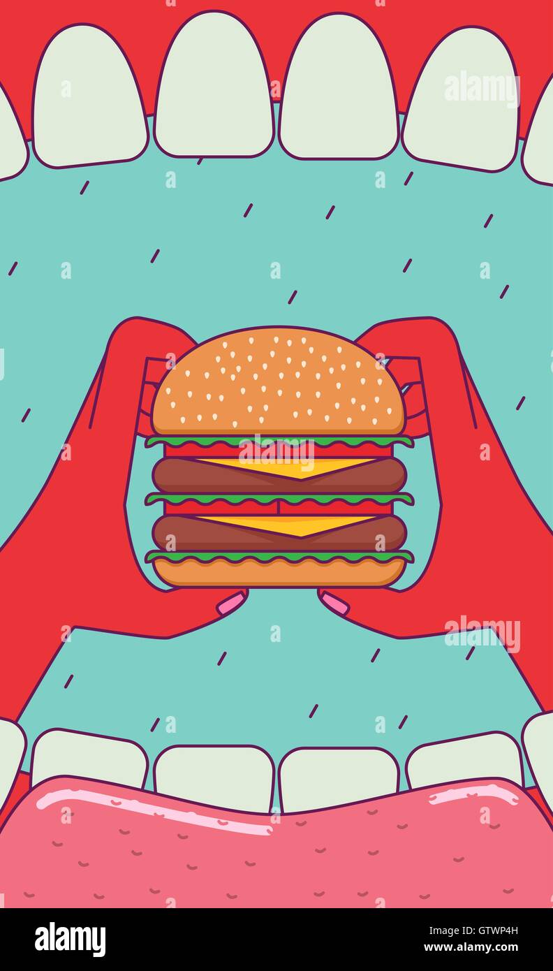 Eating big burger. Open mouth and hands holding huge burger. Subjective view perspective. Wide angle. Stock Vector