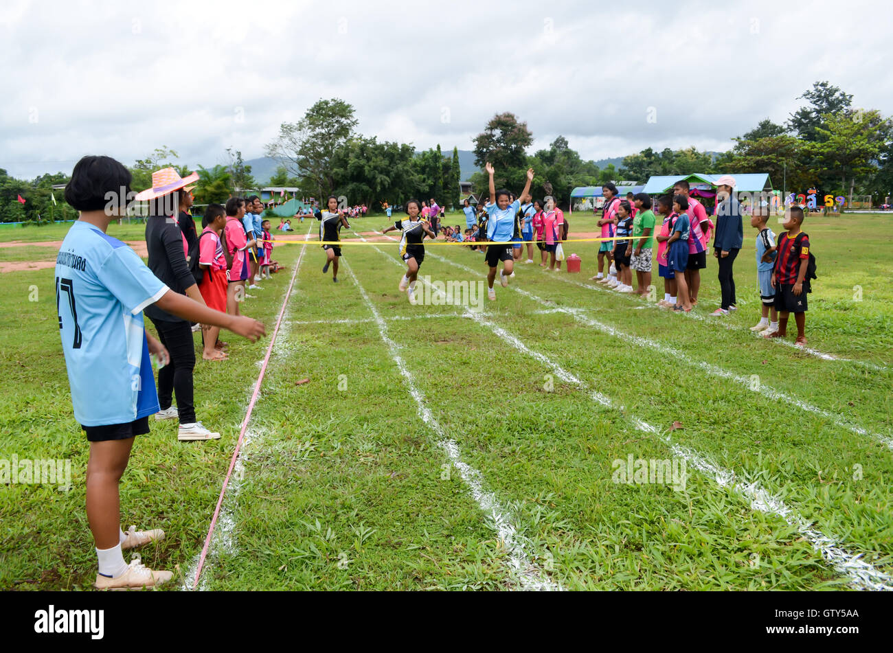 PHITSANULOK, THAILAND - SEP 1: Compete on 100 Meter Dash Final for children on Sep 1, 2016 at chumchon wat bandong school in Phi Stock Photo