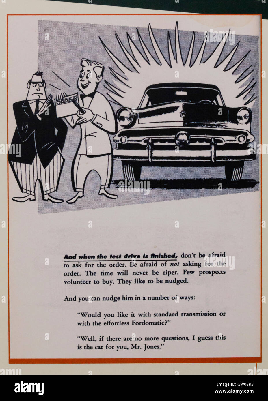 A page from an unknown car salesman handbook from the 1950s, showing the front grille of a 1954 Ford Customline sedan - USA Stock Photo