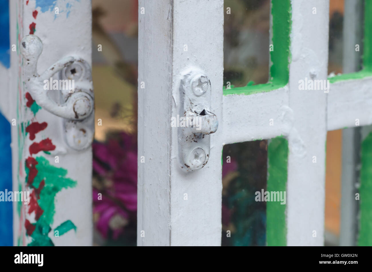 closeup to open door in dollhouse Stock Photo