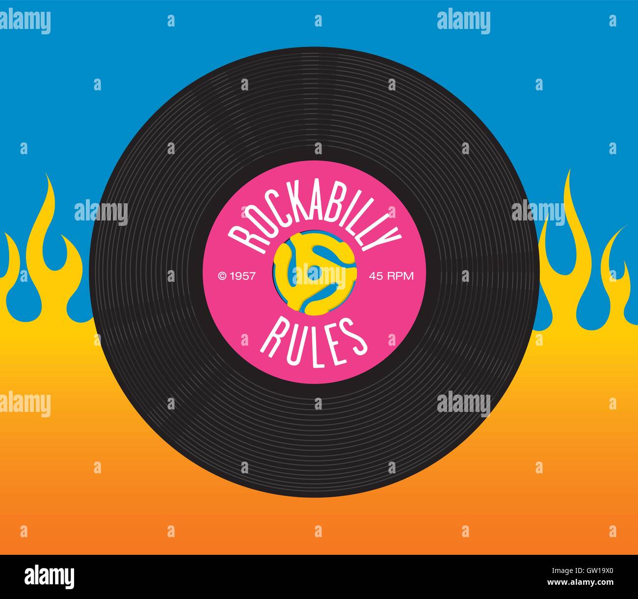Rockabilly Rules Record Vector Design with flame background. 45rpm ...