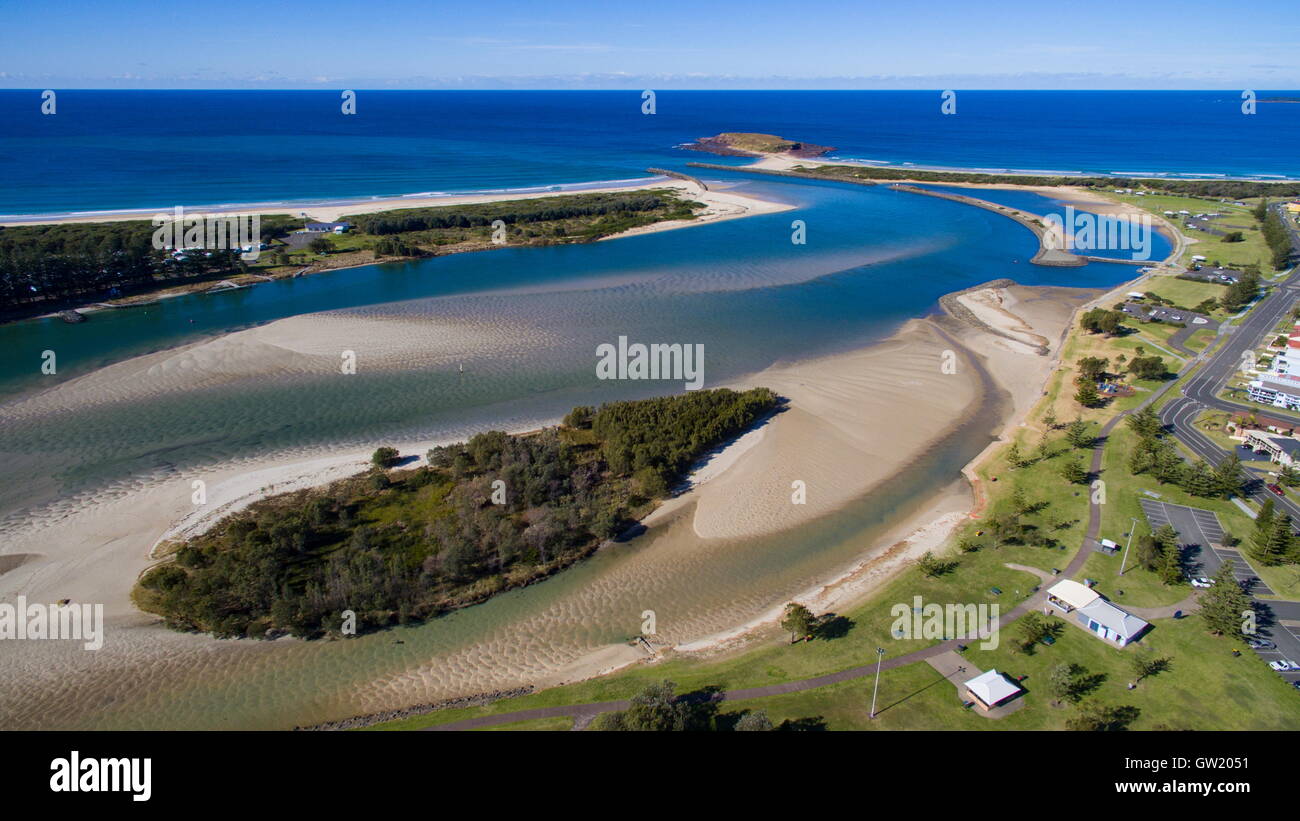 Aerial image at the mouth of Lake Illawarra - Windang in the Illawarra region of NSW, Australia. Stock Photo