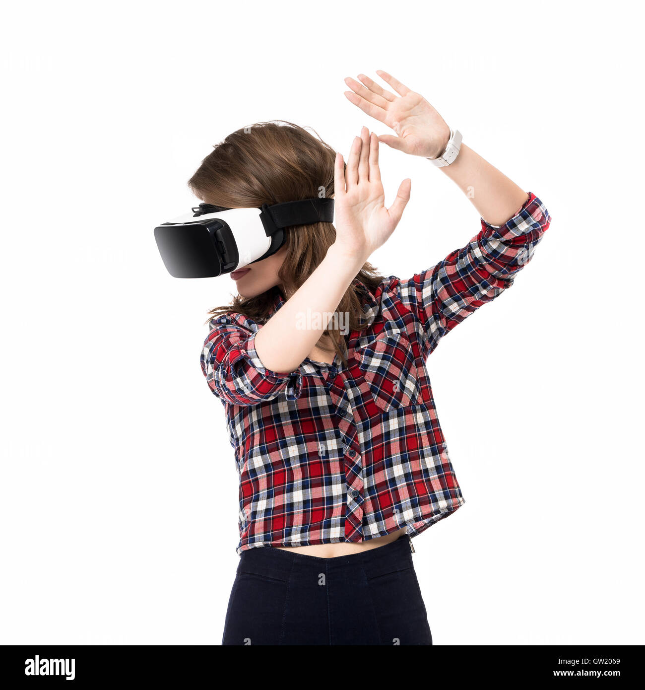 Happy girl getting experience using VR headset glasses of virtual ...