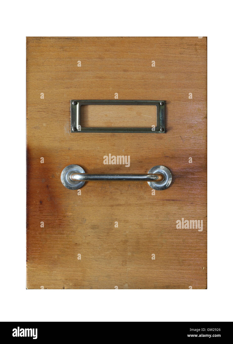 Old wooden drawer with the label Stock Photo